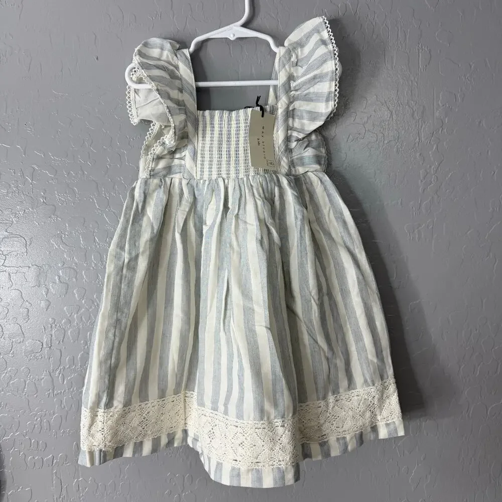 Max Studio Kids Ruffled Sleeves Midi Dress, Blue/Cream, 4T